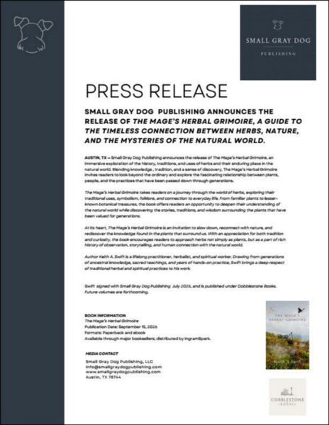 A digital press release and book cover preview for 'The Mage's Herbal Grimoire' by Small Gray Dog Publishing, featuring a dark gray and white layout with text and publisher branding.